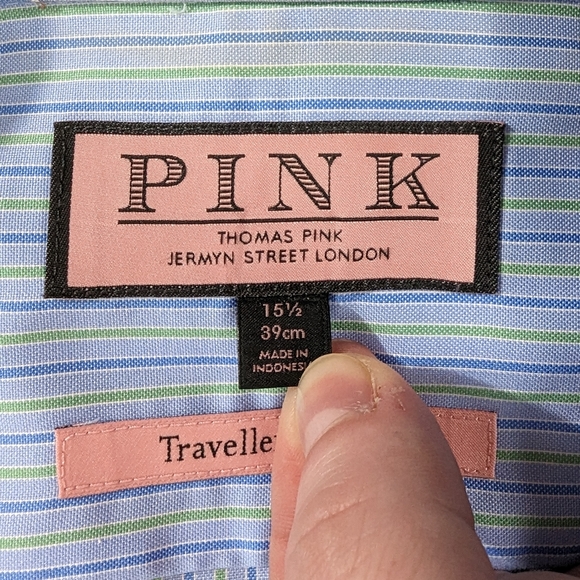 Thomas Pink Shirt Men's 15.5 Blue Green Stripes Button Down Traveller Slim Fit - Picture 5 of 6